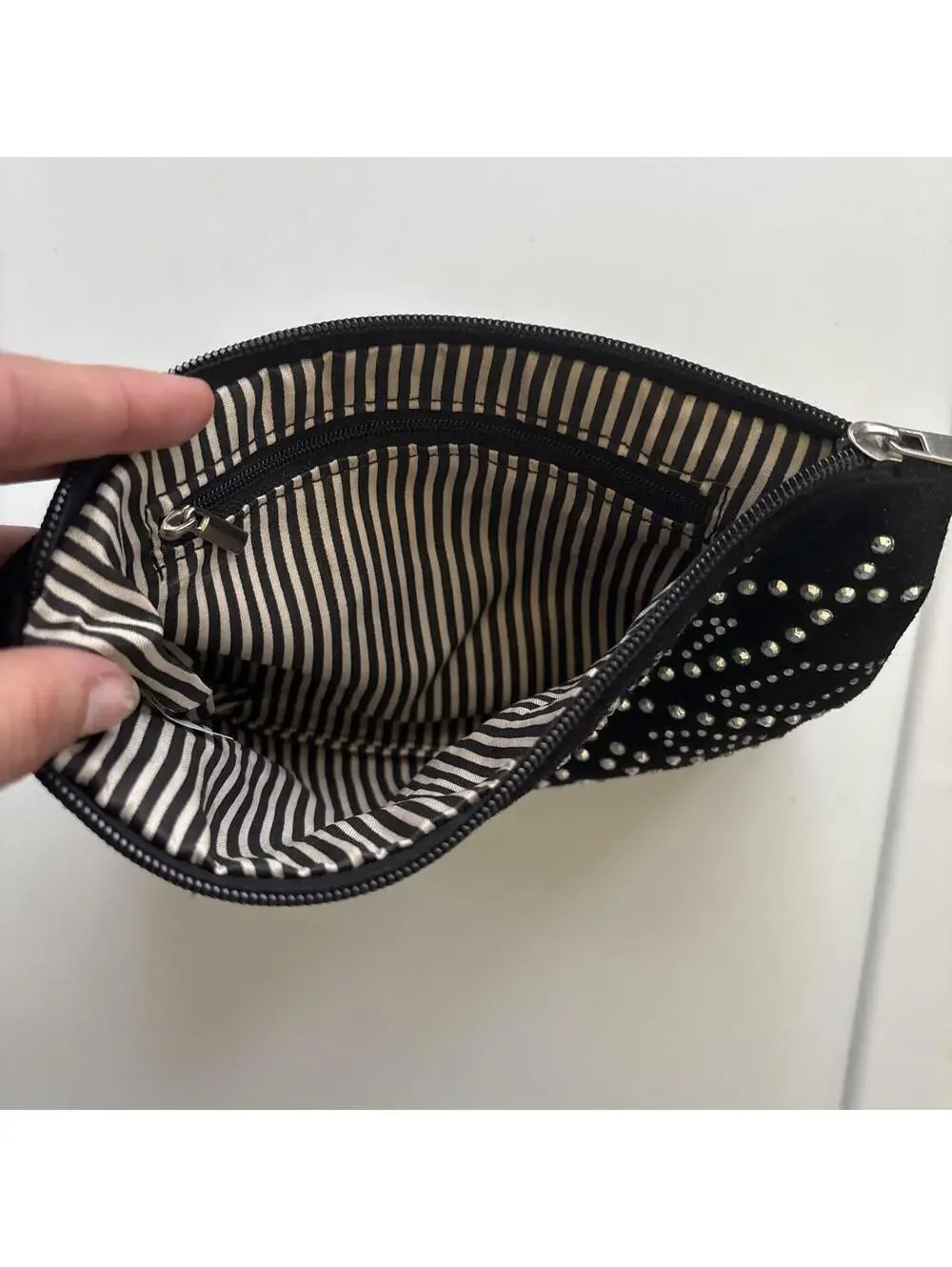 Black Suede Wristlet Clutch with Silver Studded Sunburst Design